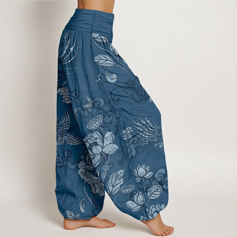 Buddha Stones Pantalones harem de algodón con estampado de pájaro loto y cintura elástica para mujer. - image 7