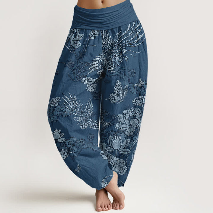 Buddha Stones Pantalones harem de algodón con estampado de pájaro loto y cintura elástica para mujer. - Azul acero - US16，UK/AU20，EU48 (3XL) - image 5