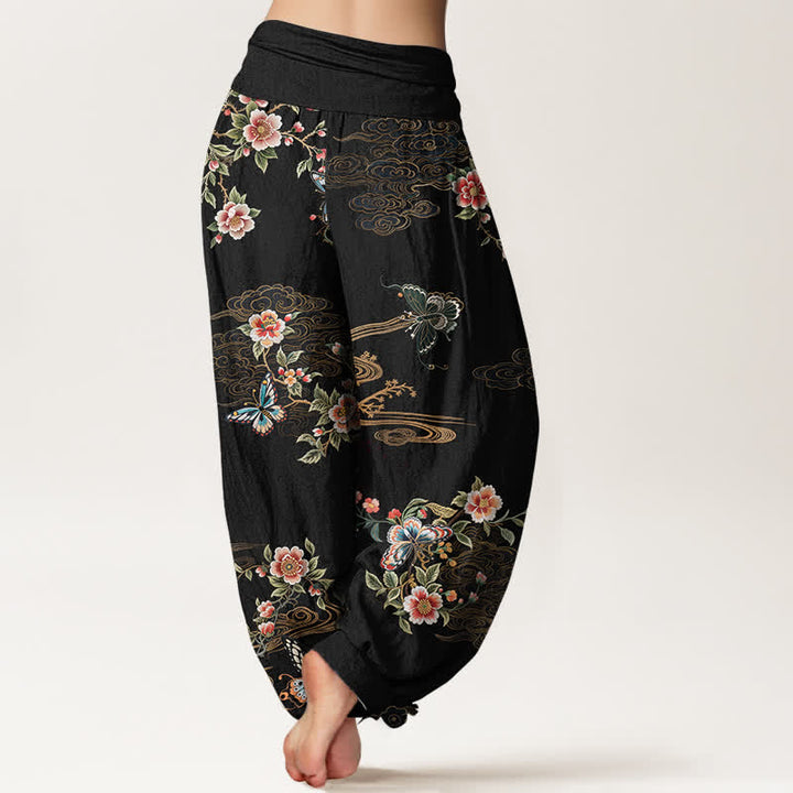 Buddha Stones Pantalones harem de algodón puro con estampado floral de mariposas para mujer con cintura elástica. - image 1