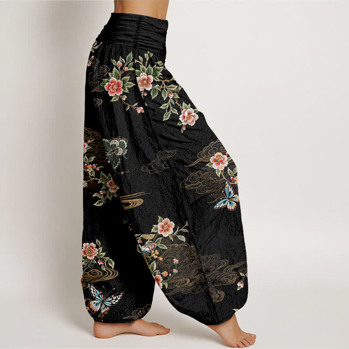 Buddha Stones Pantalones harem de algodón puro con estampado floral de mariposas para mujer con cintura elástica. - image 2