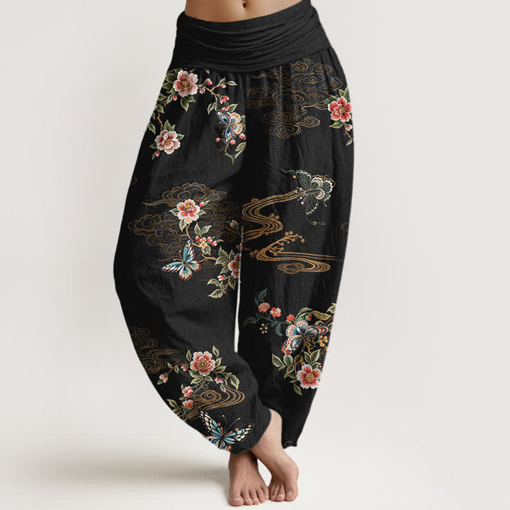 Buddha Stones Pantalones harem de algodón puro con estampado floral de mariposas para mujer con cintura elástica. - Negro - US16，UK/AU20，EU48 (3XL) - image 0
