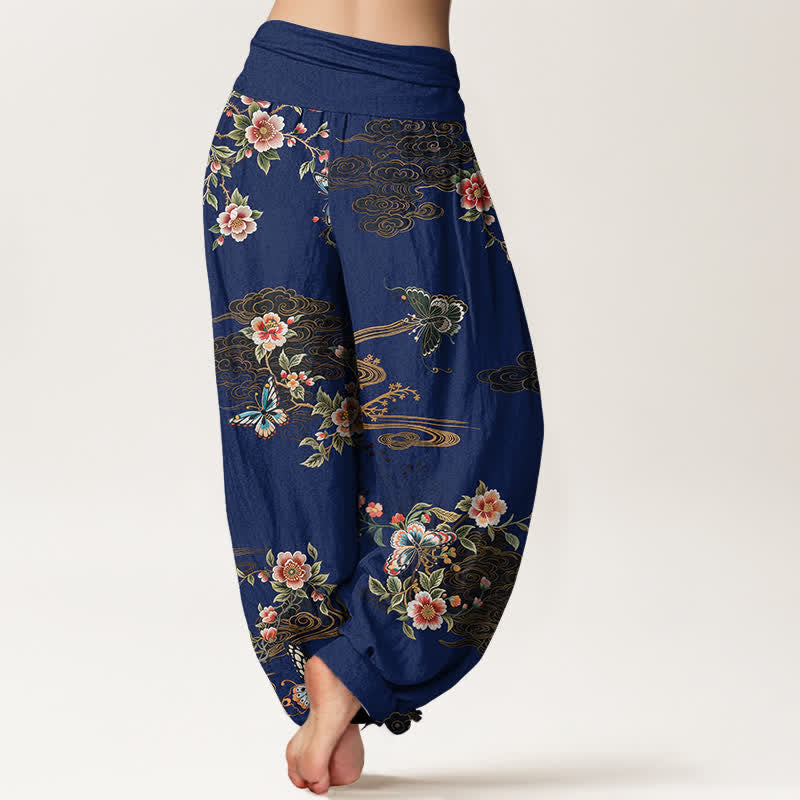 Buddha Stones Pantalones harem de algodón puro con estampado floral de mariposas para mujer con cintura elástica. - image 6