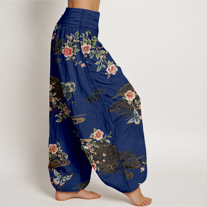 Buddha Stones Pantalones harem de algodón puro con estampado floral de mariposas para mujer con cintura elástica. - image 7