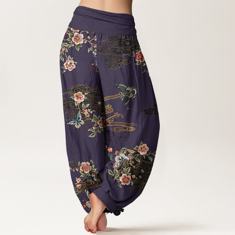 Buddha Stones Pantalones harem de algodón puro con estampado floral de mariposas para mujer con cintura elástica. - image 9