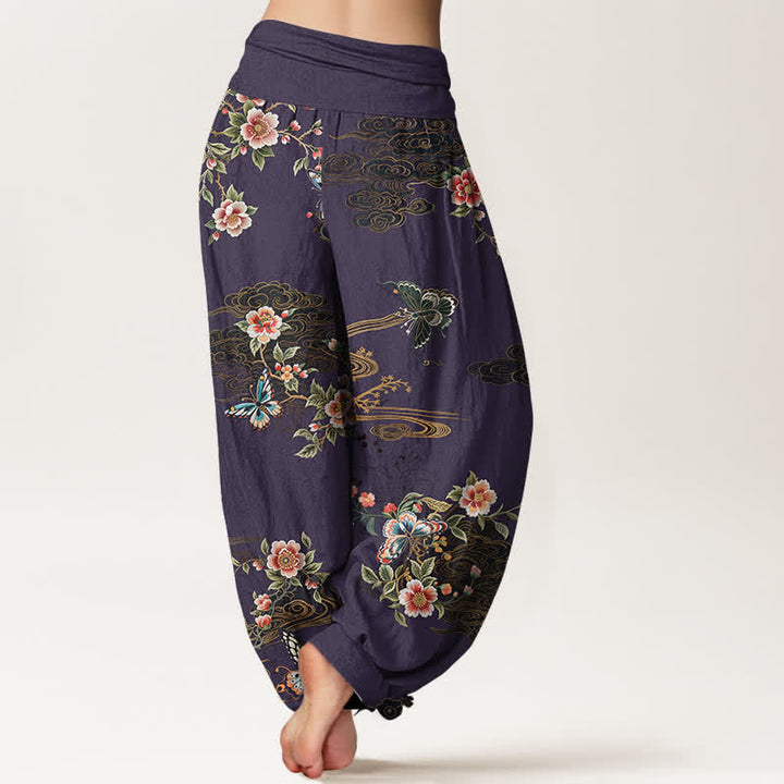Buddha Stones Pantalones harem de algodón puro con estampado floral de mariposas para mujer con cintura elástica. - image 9