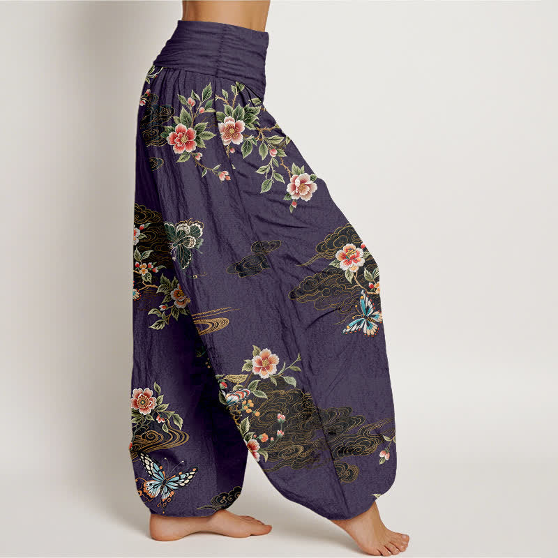 Buddha Stones Pantalones harem de algodón puro con estampado floral de mariposas para mujer con cintura elástica. - image 10