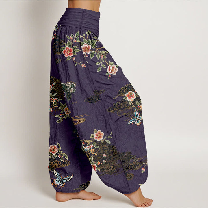 Buddha Stones Pantalones harem de algodón puro con estampado floral de mariposas para mujer con cintura elástica. - image 10