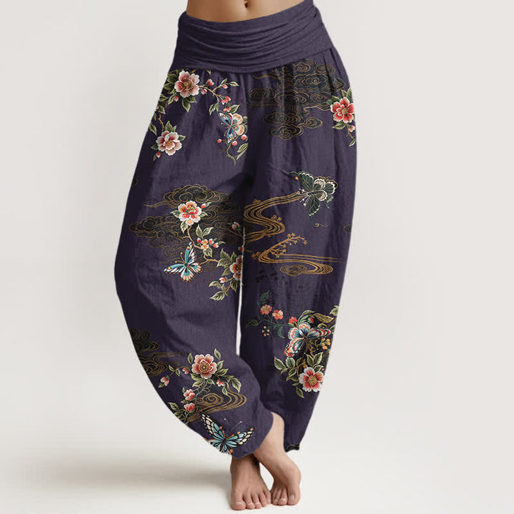 Buddha Stones Pantalones harem de algodón puro con estampado floral de mariposas para mujer con cintura elástica. - Índigo - US16，UK/AU20，EU48 (3XL) - image 8