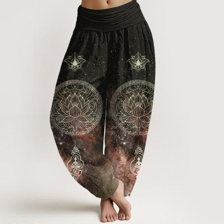 Buddha Stones Pantalones harem de algodón con estampado de mandala de loto celestial para mujer con cintura elástica. - Marrón silla de montar - US16，UK/AU20，EU48 (3XL) - image 8