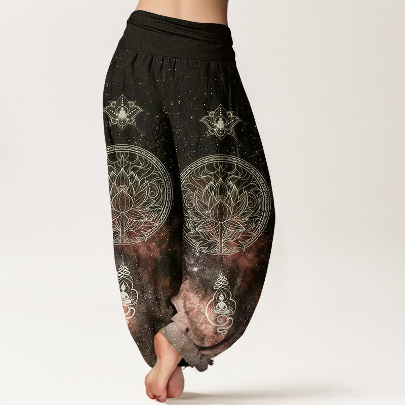 Buddha Stones Pantalones harem de algodón con estampado de mandala de loto celestial para mujer con cintura elástica. - image 9
