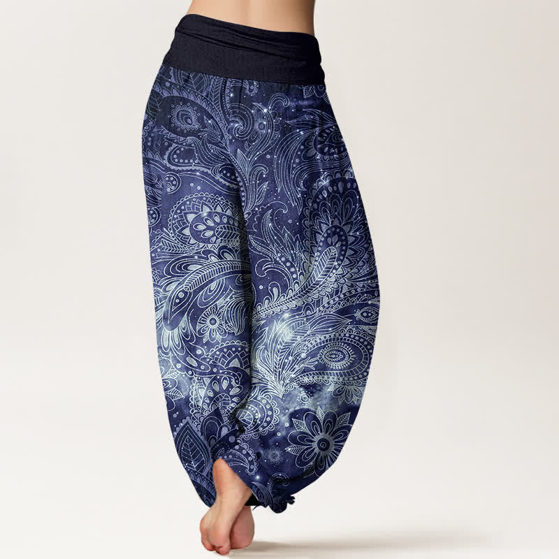 Buddha Stones Pantalones harem de mujer con elegante estampado paisley de algodón puro y cintura elástica. - image 1