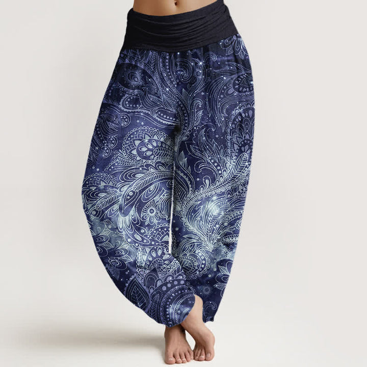 Buddha Stones Pantalones harem de mujer con elegante estampado paisley de algodón puro y cintura elástica. - Marina de guerra - US16，UK/AU20，EU48 (3XL) - image 0