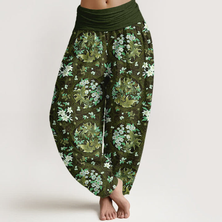 Buddha Stones Pantalones harem de mujer con cintura elástica y estampado floral de algodón puro. - Verde oliva oscuro - US16，UK/AU20，EU48 (3XL) - image 8