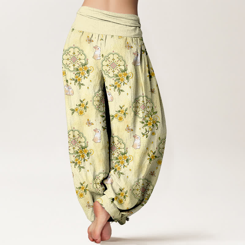 Buddha Stones Pantalones harem de mujer con cintura elástica y estampado floral de conejos, de algodón puro. - image 1