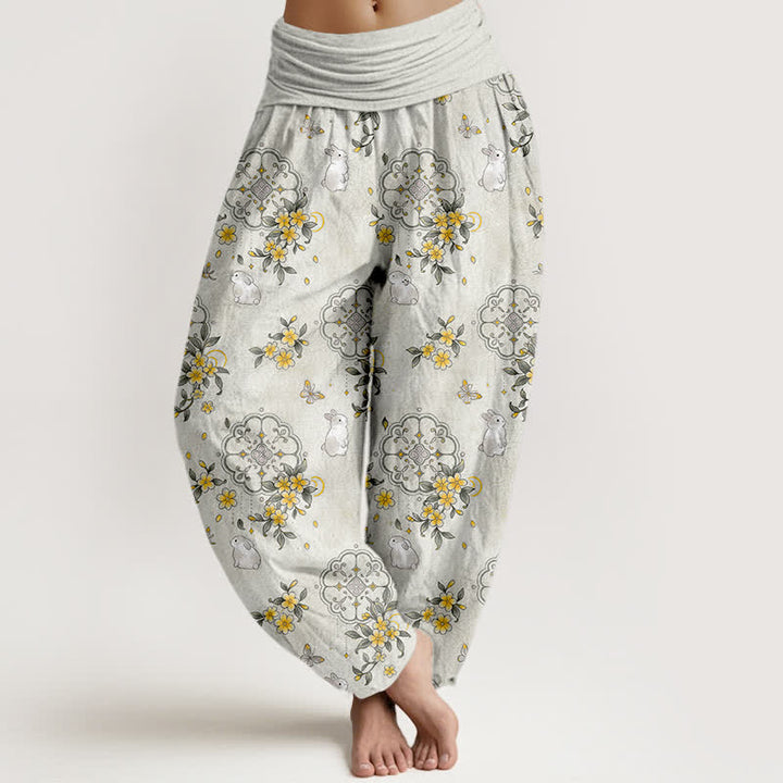 Buddha Stones Pantalones harem de mujer con cintura elástica y estampado floral de conejos, de algodón puro. - Gris claro - US16，UK/AU20，EU48 (3XL) - image 8
