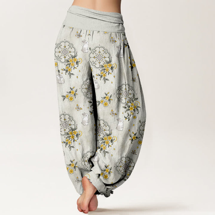 Buddha Stones Pantalones harem de mujer con cintura elástica y estampado floral de conejos, de algodón puro. - image 9