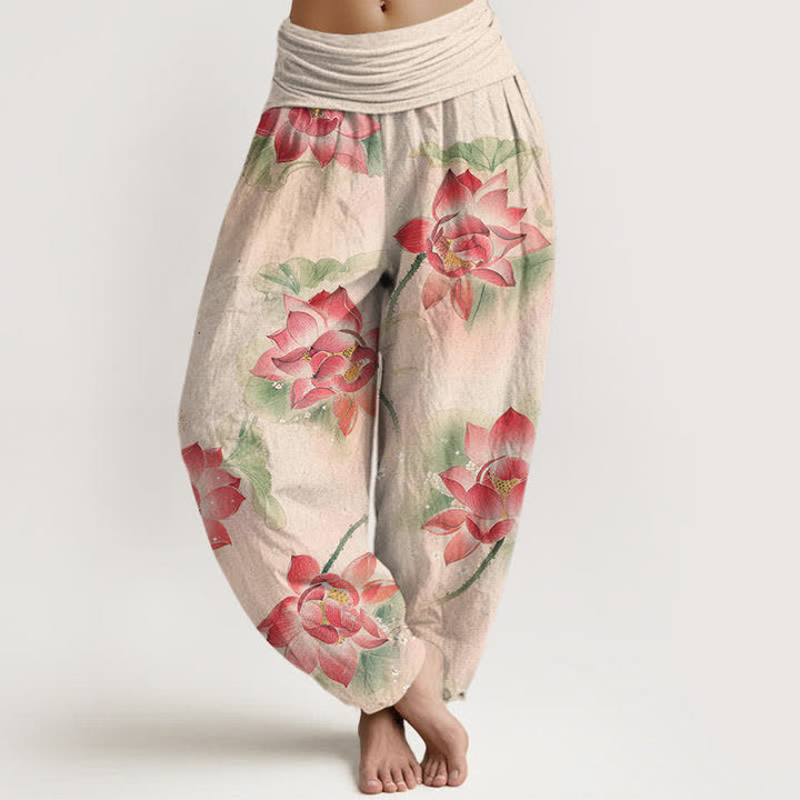 Buddha Stones Pantalones harem de algodón con estampado de flor de loto y cintura elástica para mujer. - Lino - US16，UK/AU20，EU48 (3XL) - image 0
