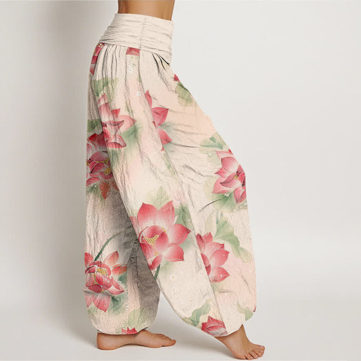 Buddha Stones Pantalones harem de algodón con estampado de flor de loto y cintura elástica para mujer. - image 2