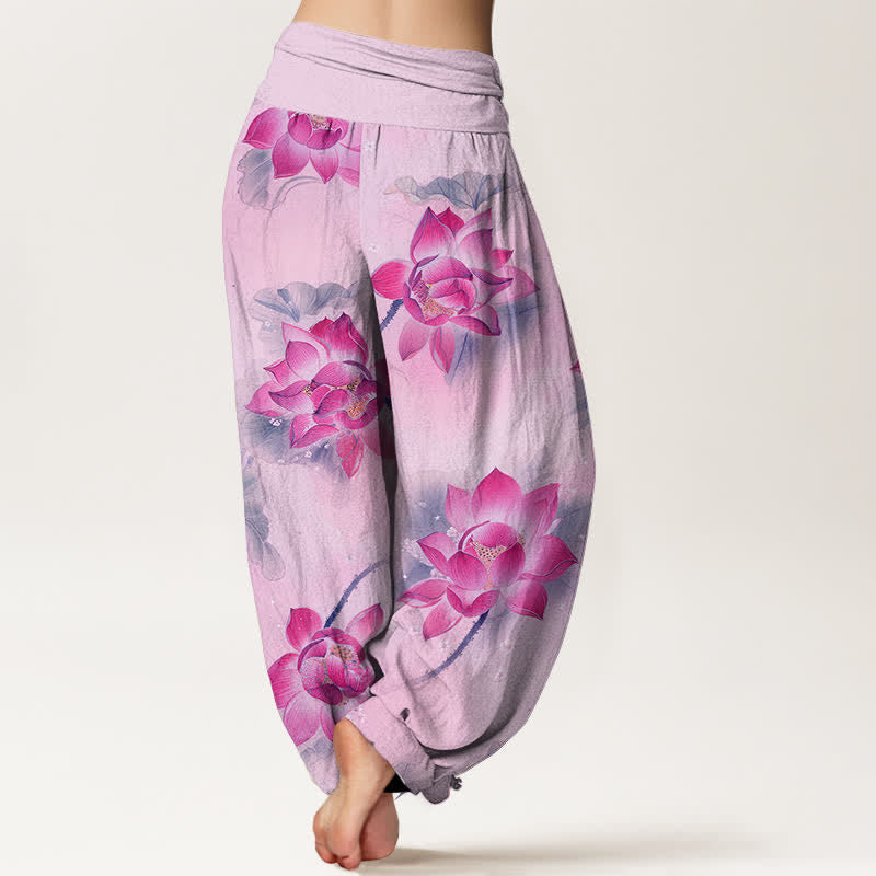 Buddha Stones Pantalones harem de algodón con estampado de flor de loto y cintura elástica para mujer. - image 6