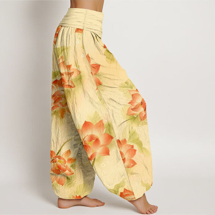 Buddha Stones Pantalones harem de algodón con estampado de flor de loto y cintura elástica para mujer. - image 10