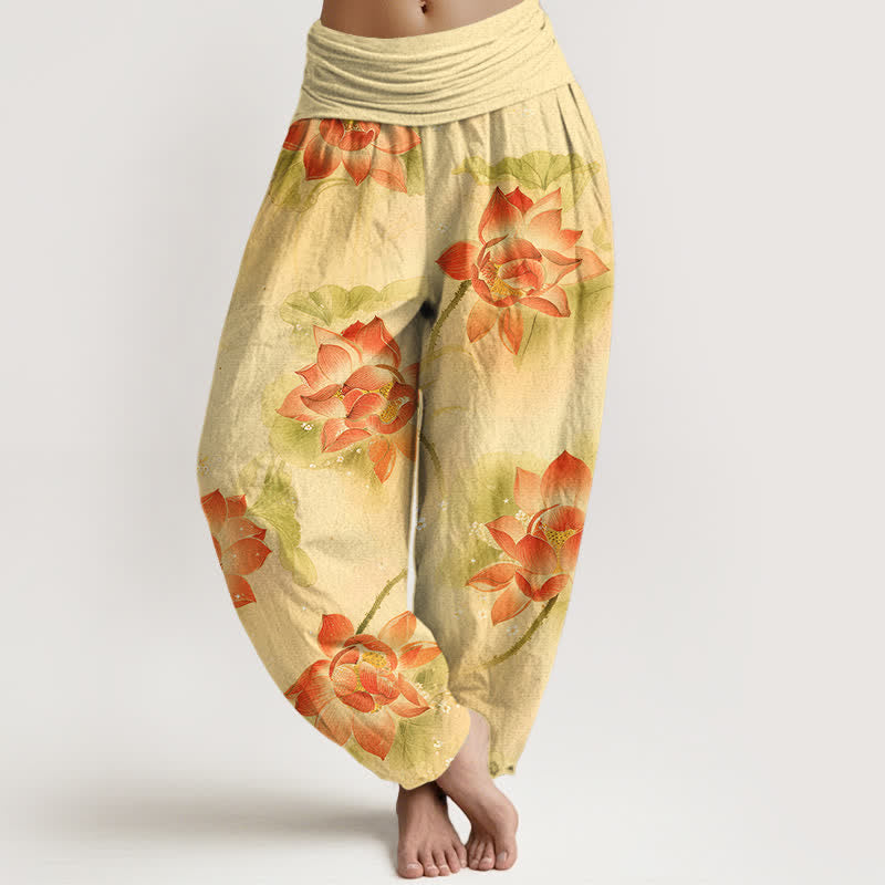 Buddha Stones Pantalones harem de algodón con estampado de flor de loto y cintura elástica para mujer. - Limón Chiffon - US16，UK/AU20，EU48 (3XL) - image 8