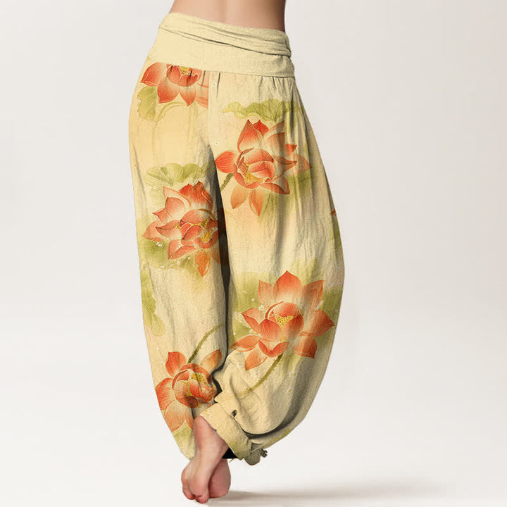 Buddha Stones Pantalones harem de algodón con estampado de flor de loto y cintura elástica para mujer. - image 9