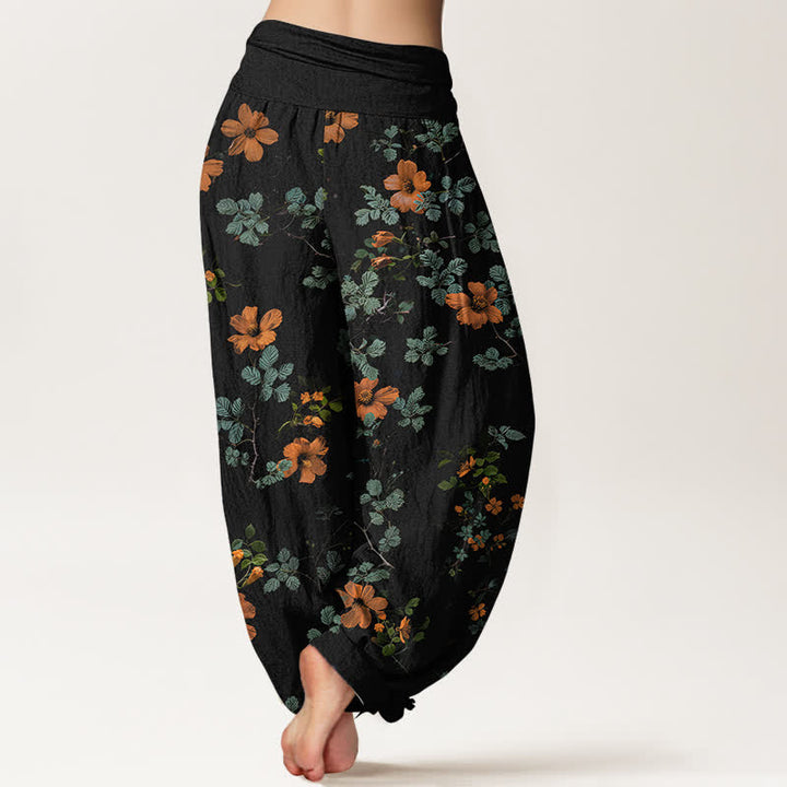 Buddha Stones Pantalones harem de algodón naranja con estampado floral y hojas para mujer, cintura elástica. - image 1