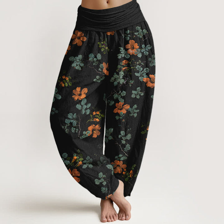 Buddha Stones Pantalones harem de algodón naranja con estampado floral y hojas para mujer, cintura elástica. - Negro - US16，UK/AU20，EU48 (3XL) - image 0