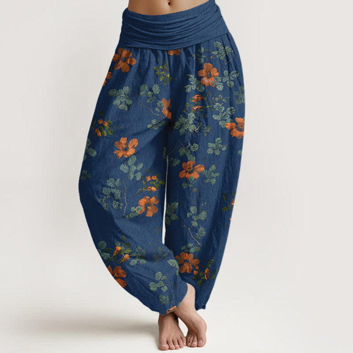 Buddha Stones Pantalones harem de algodón naranja con estampado floral y hojas para mujer, cintura elástica. - Marina de guerra - US16，UK/AU20，EU48 (3XL) - image 5