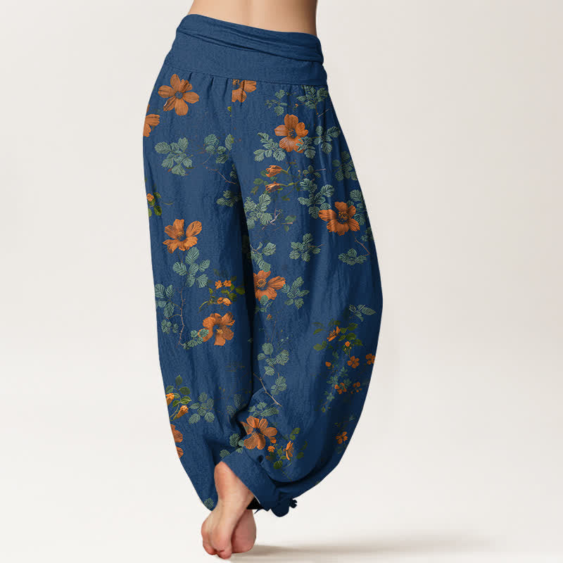 Buddha Stones Pantalones harem de algodón naranja con estampado floral y hojas para mujer, cintura elástica. - image 6