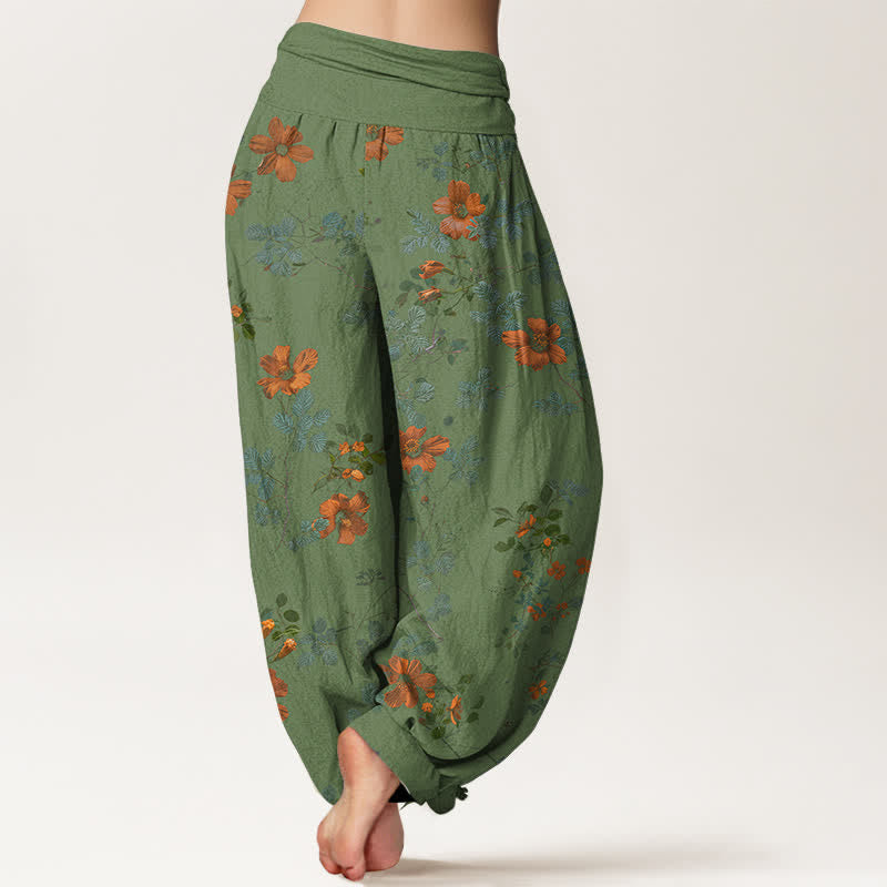 Buddha Stones Pantalones harem de algodón naranja con estampado floral y hojas para mujer, cintura elástica. - image 9