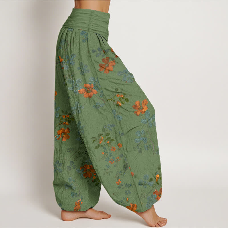 Buddha Stones Pantalones harem de algodón naranja con estampado floral y hojas para mujer, cintura elástica. - image 10