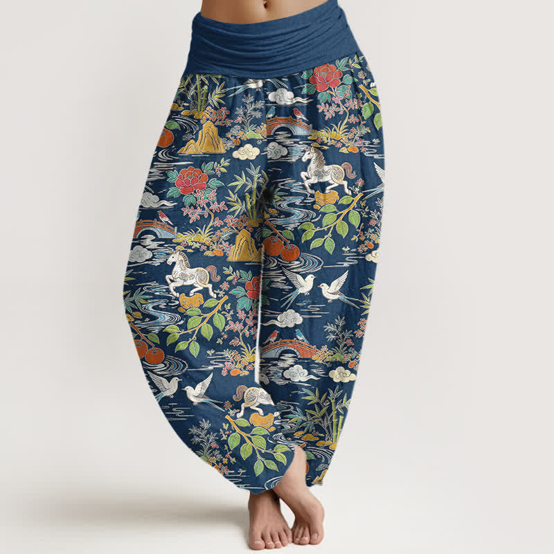 Buddha Stones Pantalones harem de mujer con cintura elástica y estampado floral de Cotton Horse Bird Landscape. - Marina de guerra - US16，UK/AU20，EU48 (3XL) - image 0
