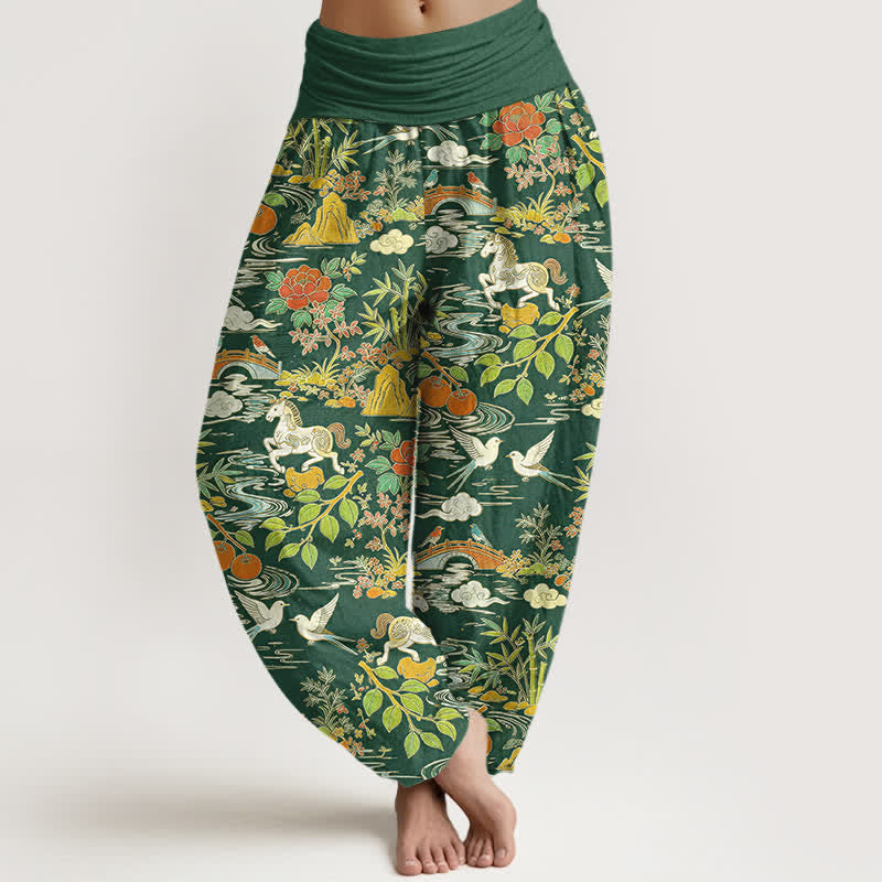 Buddha Stones Pantalones harem de mujer con cintura elástica y estampado floral de Cotton Horse Bird Landscape. - Verde bosque - US16，UK/AU20，EU48 (3XL) - image 5