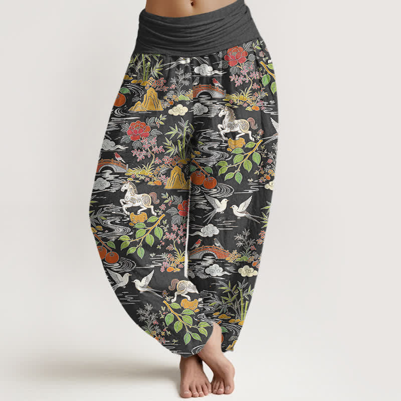 Buddha Stones Pantalones harem de mujer con cintura elástica y estampado floral de Cotton Horse Bird Landscape. - Gris oscuro - US16，UK/AU20，EU48 (3XL) - image 8