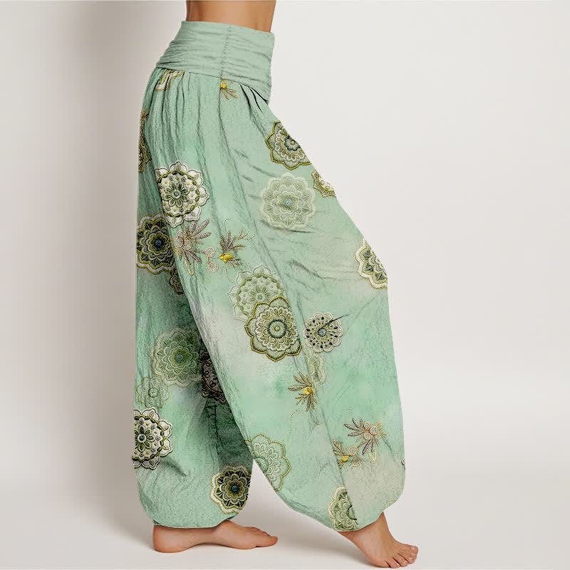 Buddha Stones Pantalones harem de mujer con cintura elástica y estampado floral de mandala de algodón puro para mujer. - image 2