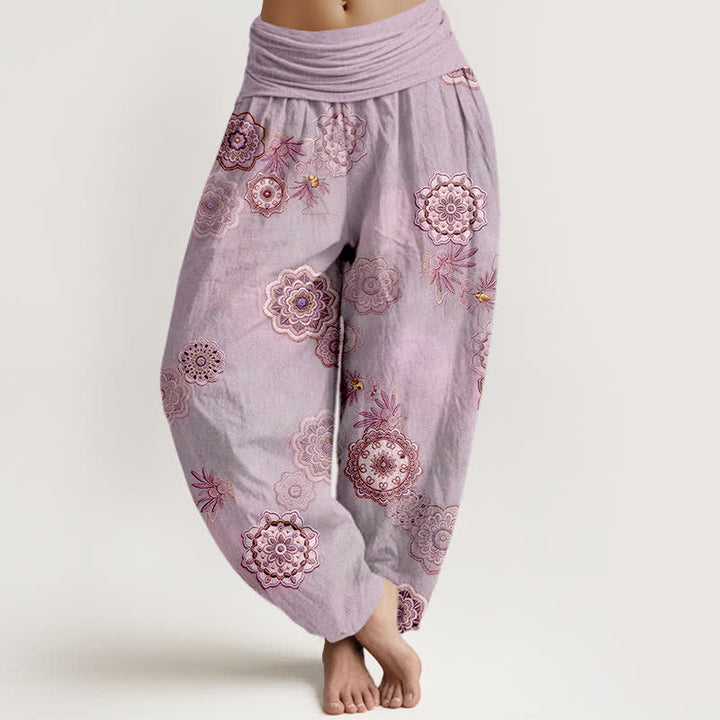 Buddha Stones Pantalones harem de mujer con cintura elástica y estampado floral de mandala de algodón puro para mujer. - Lavanda - US16，UK/AU20，EU48 (3XL) - image 8