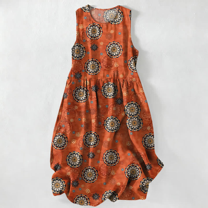 Buddha Stones Vestido midi de verano informal estilo bohemio con estampado de medallón de mandala para mujer, sin mangas y con bolsillos. - Naranja oscuro - US16，UK/AU20，EU48 (3XL) - image 0