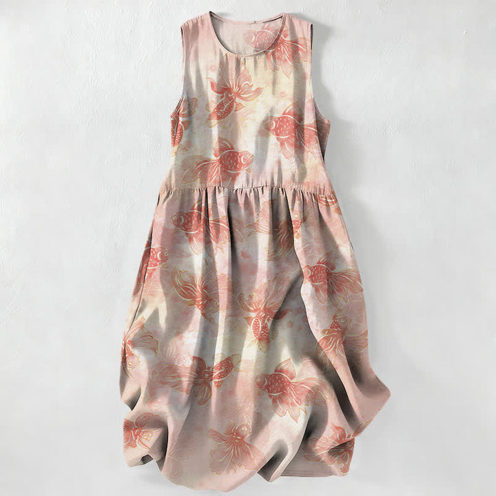 Buddha Stones Vestido midi de verano informal para mujer con estampado de peces koi y mangas largas, sin mangas y con bolsillos. - Rosa Misty - US16，UK/AU20，EU48 (3XL) - image 0