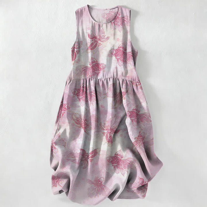 Buddha Stones Vestido midi de verano informal para mujer con estampado de peces koi y mangas largas, sin mangas y con bolsillos. - Rubor lavanda - US16，UK/AU20，EU48 (3XL) - image 5