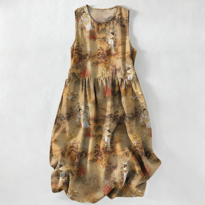 Buddha Stones Vestido midi de verano informal para mujer con estampado de paisaje oriental y bolsillos. - Broncearse - US16，UK/AU20，EU48 (3XL) - image 0