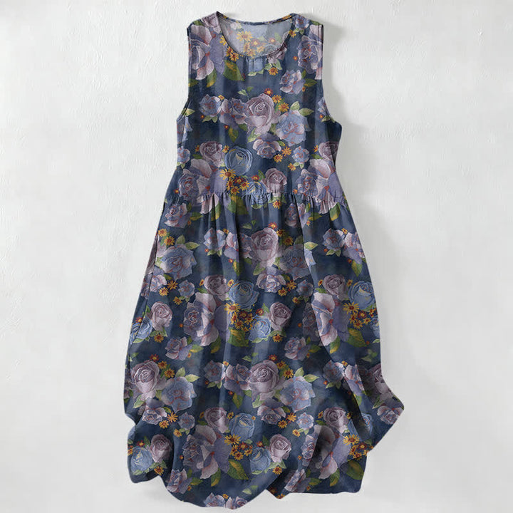 Buddha Stones Vestido midi de verano informal vintage con estampado de rosas y bolsillos para mujer. - Marina de guerra - US16，UK/AU20，EU48 (3XL) - image 0