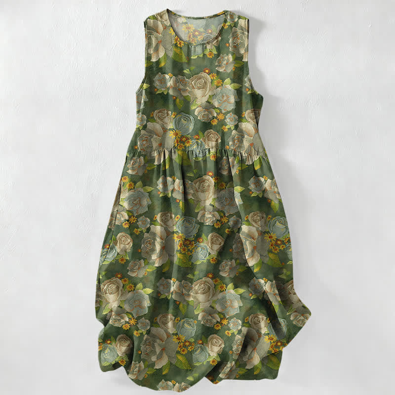 Buddha Stones Vestido midi de verano informal vintage con estampado de rosas y bolsillos para mujer. - Aceituna - US16，UK/AU20，EU48 (3XL) - image 4