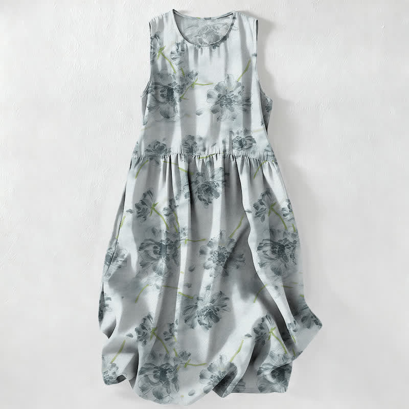 Buddha Stones Vestido midi de verano informal para mujer con estampado floral botánico y bolsillos. - Azul claro - US16，UK/AU20，EU48 (3XL) - image 0