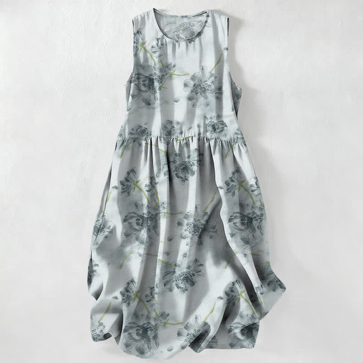 Buddha Stones Vestido midi de verano informal para mujer con estampado floral botánico y bolsillos. - Azul claro - US16，UK/AU20，EU48 (3XL) - image 0