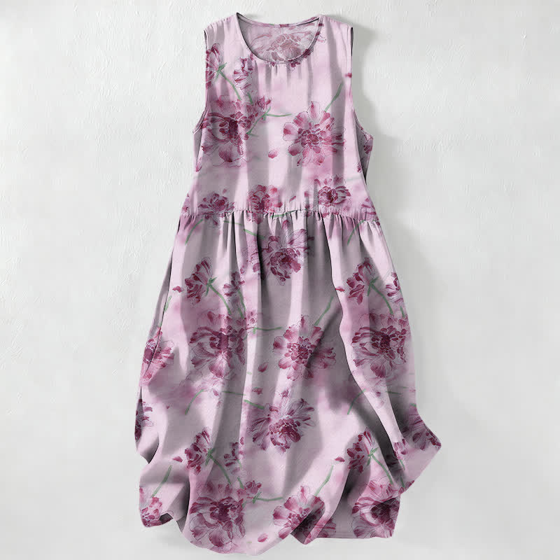 Buddha Stones Vestido midi de verano informal para mujer con estampado floral botánico y bolsillos. - Ciruela - US16，UK/AU20，EU48 (3XL) - image 4