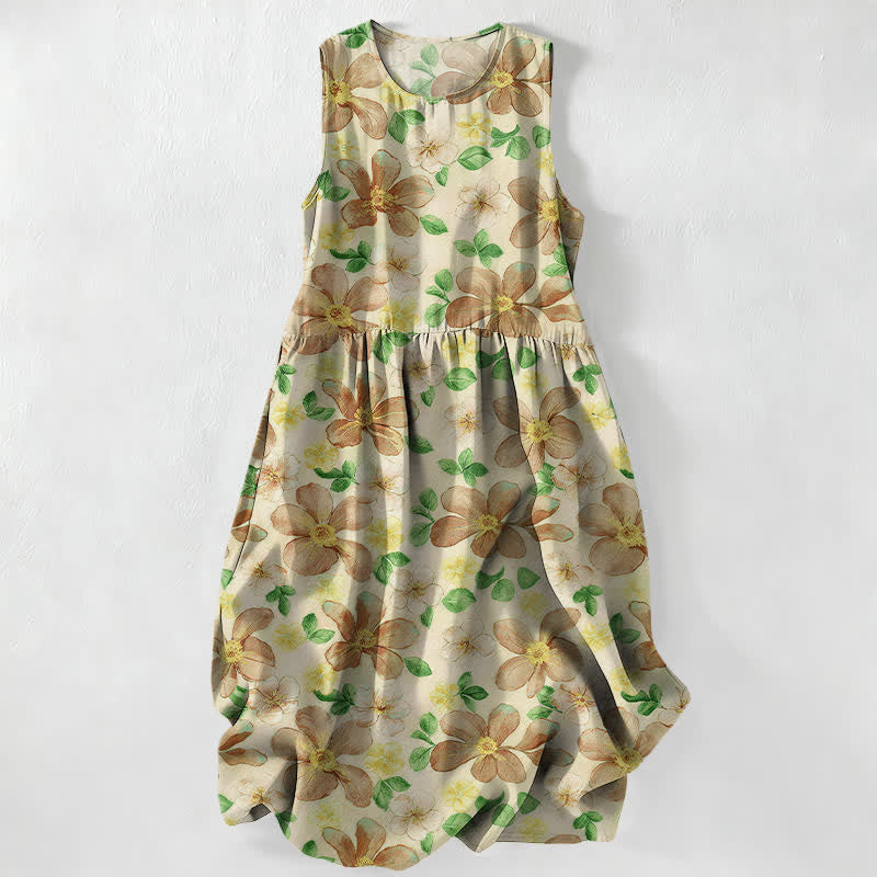 Buddha Stones Vestido midi de verano informal para mujer con estampado de pétalos y hojas grandes y bolsillos. - Beige - US16，UK/AU20，EU48 (3XL) - image 5