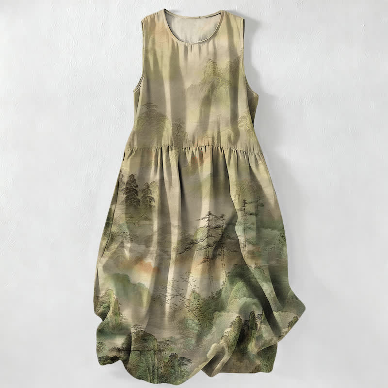 Buddha Stones Vestido midi de verano informal para mujer con estampado de paisaje en tinta y bolsillos. - Caqui - US16，UK/AU20，EU48 (3XL) - image 0
