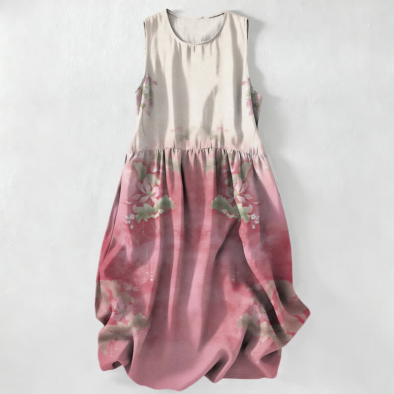 Buddha Stones Vestido midi de verano informal para mujer con estampado floral degradado y hojas, sin mangas y con bolsillos. - rosa claro - US16，UK/AU20，EU48 (3XL) - image 0