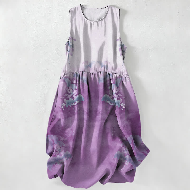 Buddha Stones Vestido midi de verano informal para mujer con estampado floral degradado y hojas, sin mangas y con bolsillos. - Lavanda - US16，UK/AU20，EU48 (3XL) - image 4